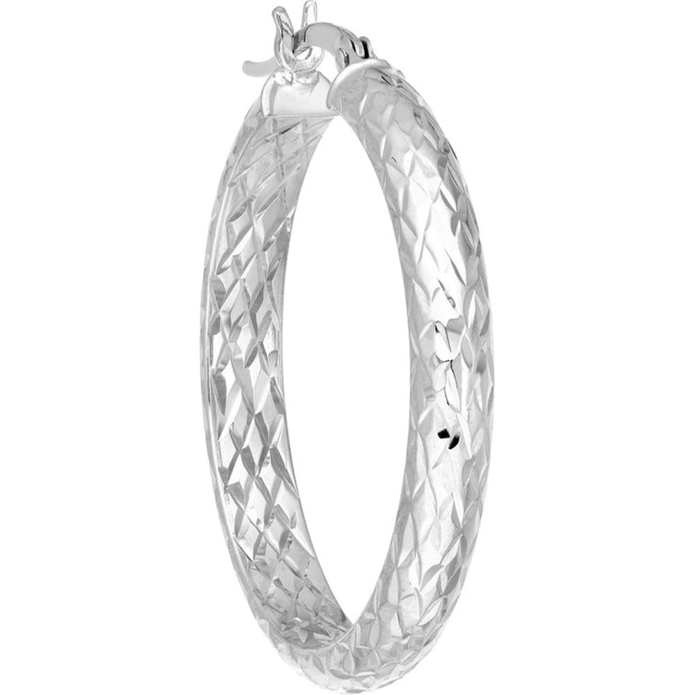 Olas d'Oro - 14K White Gold 30mm Diamond-Cut Hoop Earrings with Hinge Closure - 3.60 Grams Total Weight