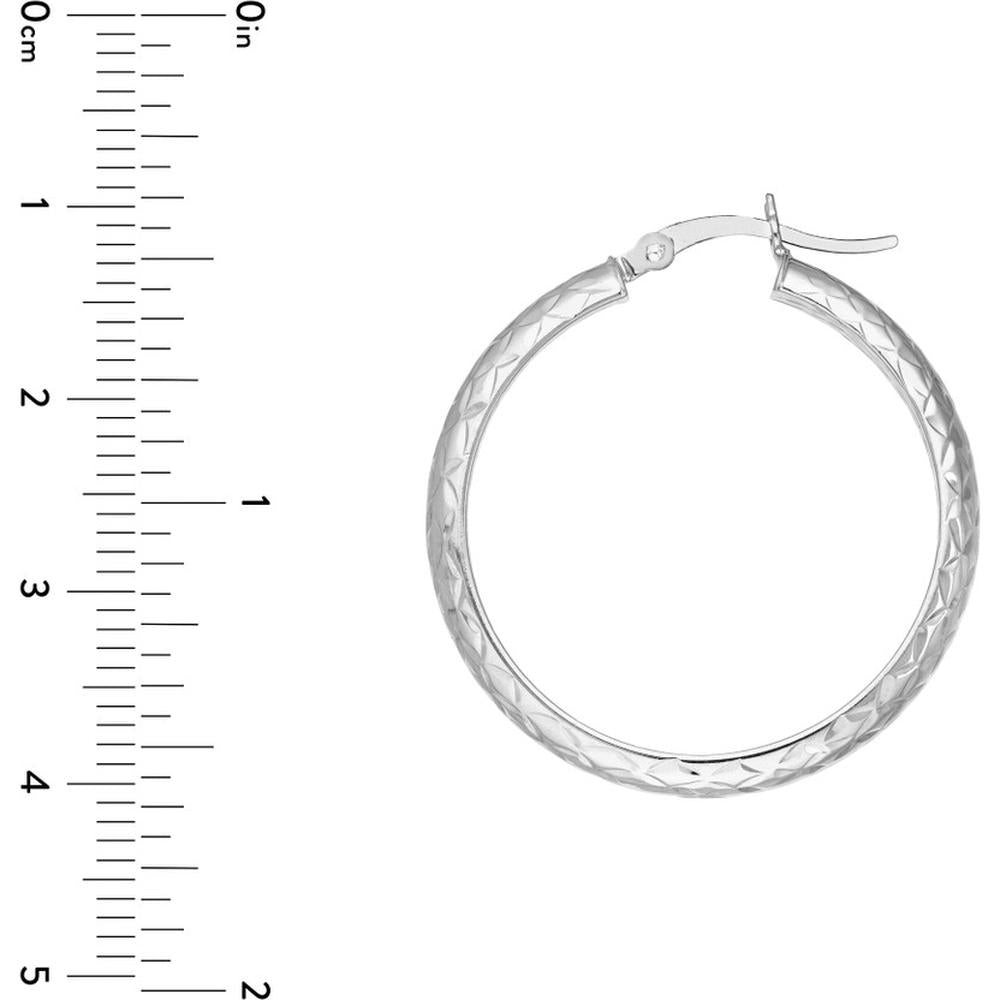Olas d'Oro - 14K White Gold 30mm Diamond-Cut Hoop Earrings with Hinge Closure - 3.60 Grams Total Weight