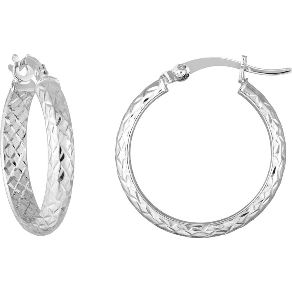 Olas d'Oro - 14K White Gold 3mm x 20mm Diamond-Cut Hoop Earrings - 1.35 Grams Total Weight
