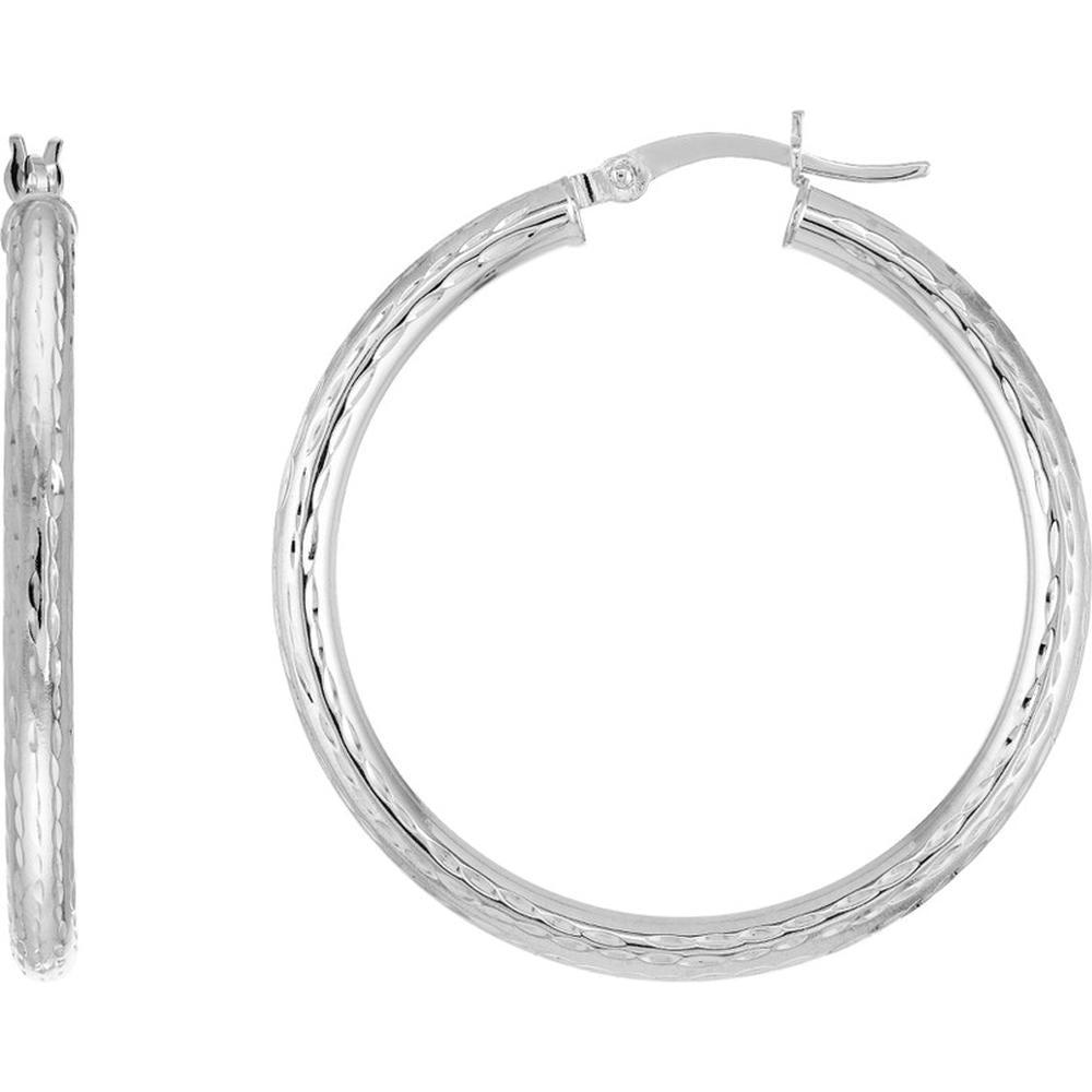 Olas d'Oro - 14K White Gold 3x35mm Full Diamond-Cut Hoop Earrings - 2.30g Total Weight