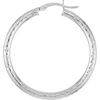 Olas d'Oro - 14K White Gold 3x35mm Full Diamond-Cut Hoop Earrings - 2.30g Total Weight