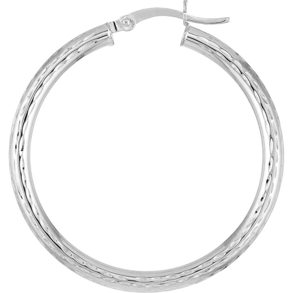 Olas d'Oro - 14K White Gold 3x35mm Full Diamond-Cut Hoop Earrings - 2.30g Total Weight