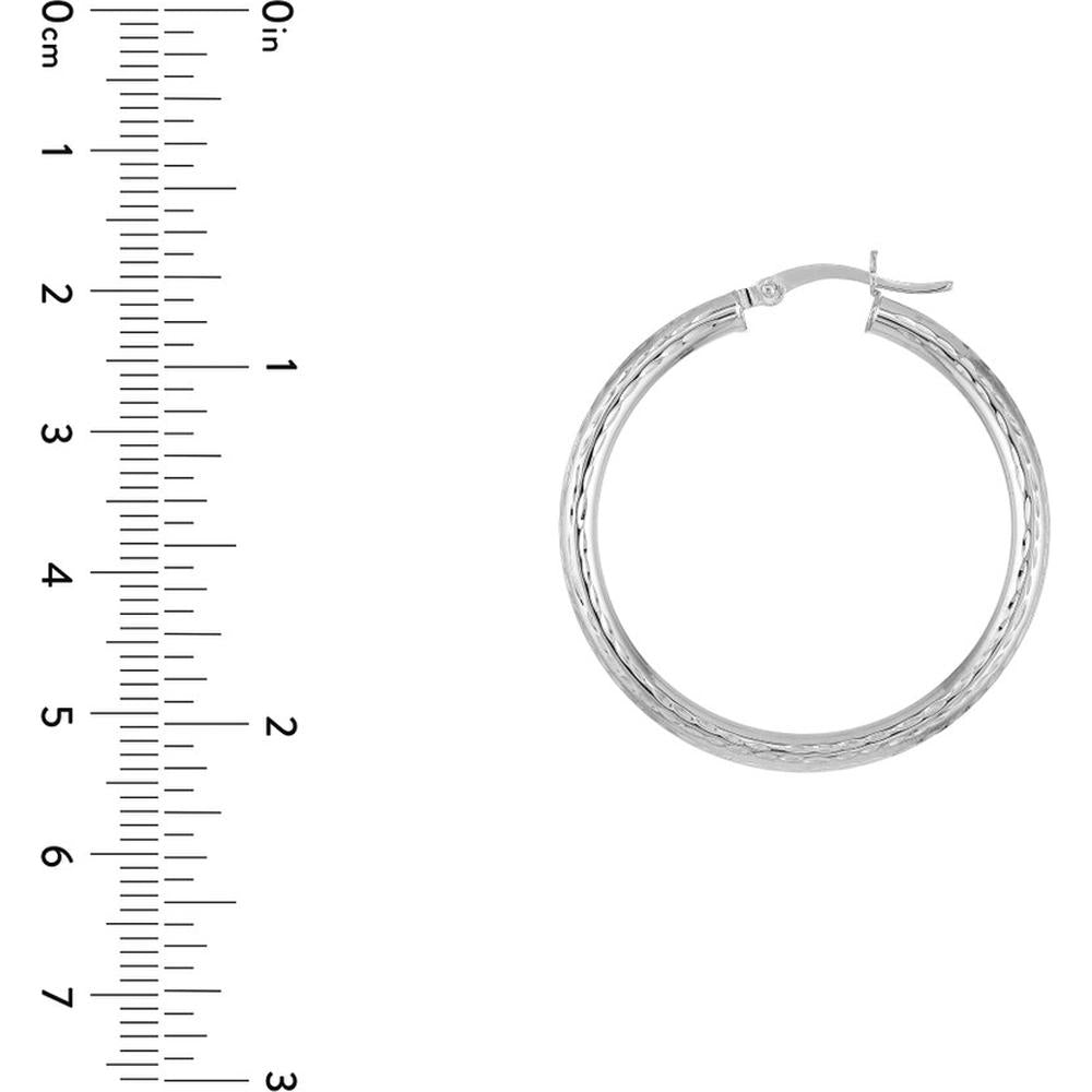 Olas d'Oro - 14K White Gold 3x35mm Full Diamond-Cut Hoop Earrings - 2.30g Total Weight