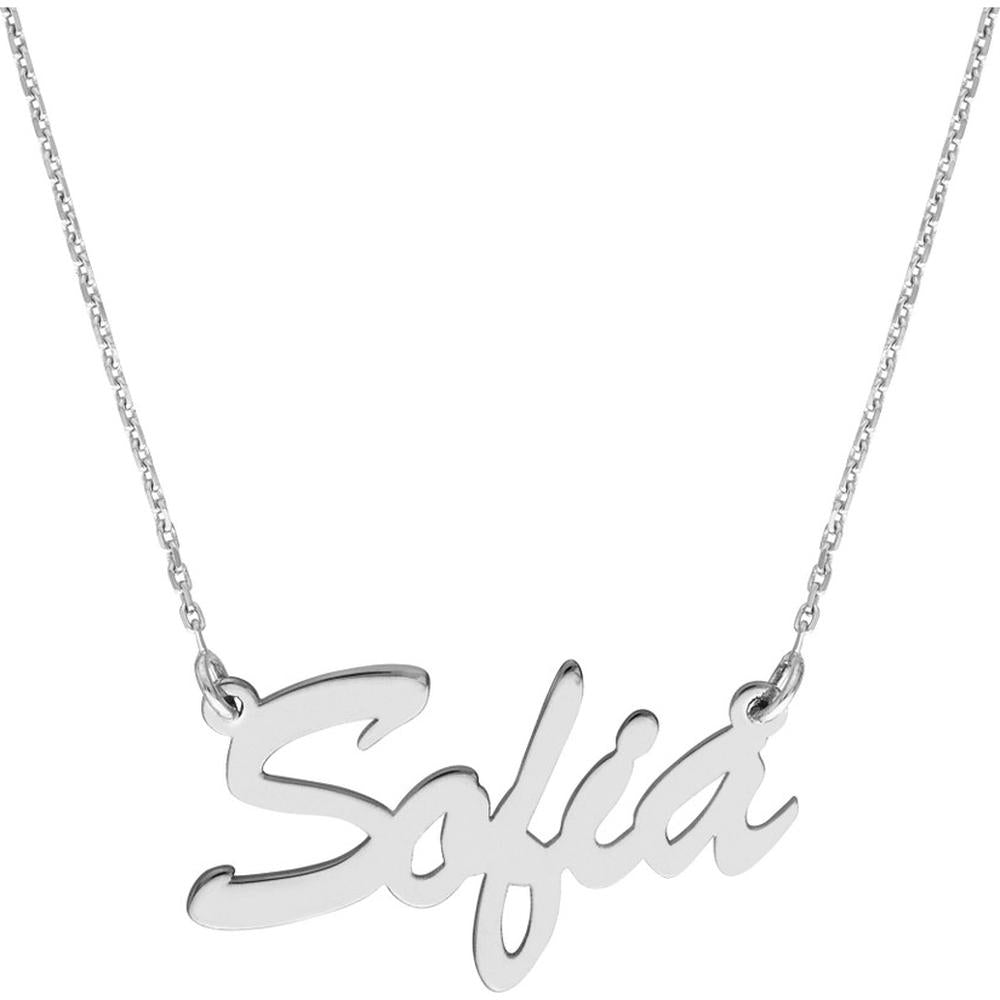 Olas d'Oro - 14K White Gold 5mm Brush Font Nameplate Necklace with Adjustable Chain - 2.40 Grams Total Weight