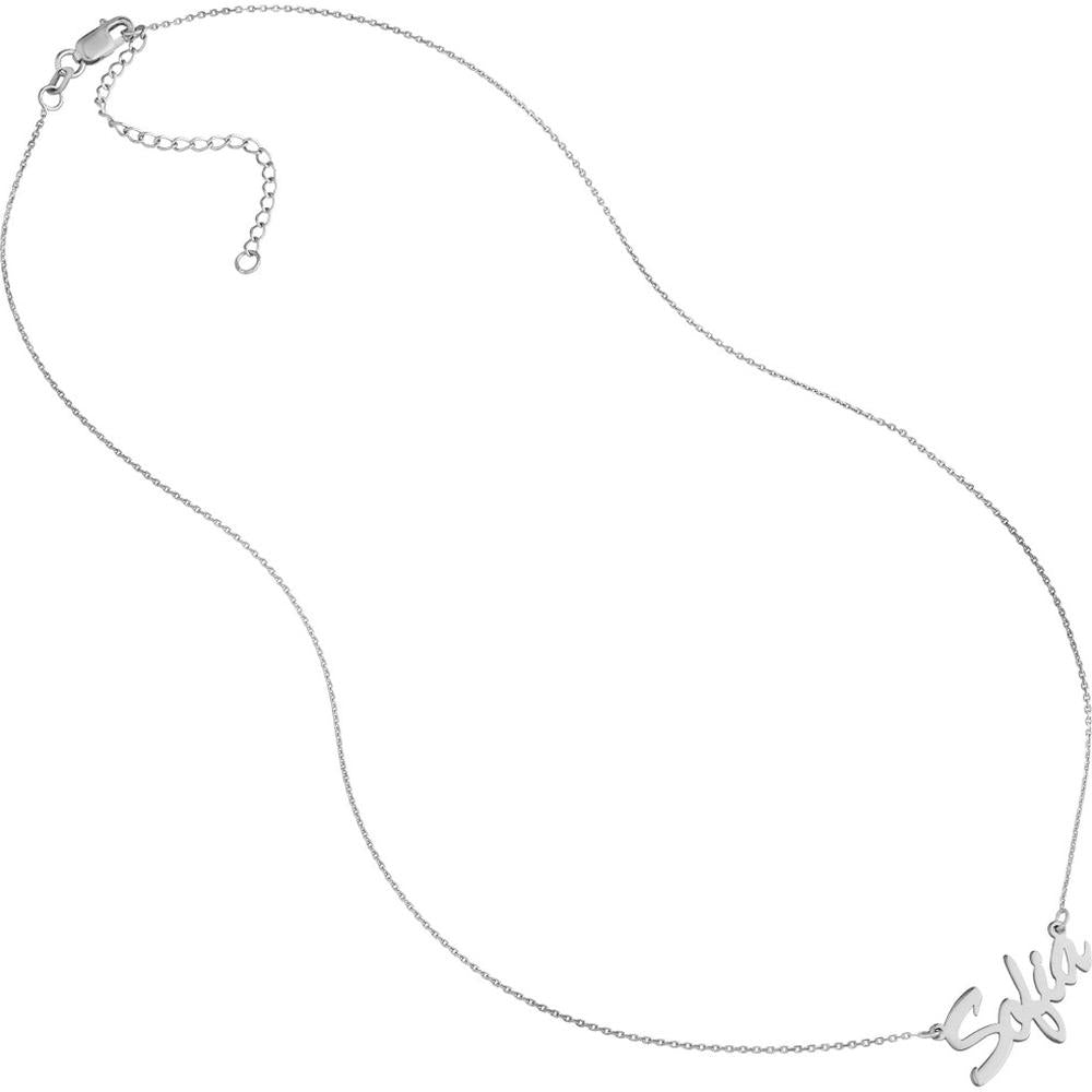 Olas d'Oro - 14K White Gold 5mm Brush Font Nameplate Necklace with Adjustable Chain - 2.40 Grams Total Weight