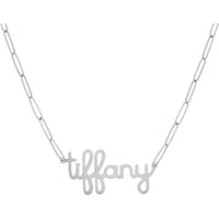 Olas d'Oro - 14K White Gold 6mm Doodle Nameplate Paper Clip Necklace with Adjustable 16-18 Inch Chain