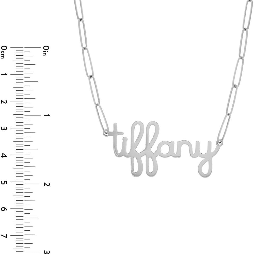 Olas d'Oro - 14K White Gold 6mm Doodle Nameplate Paper Clip Necklace with Adjustable 16-18 Inch Chain