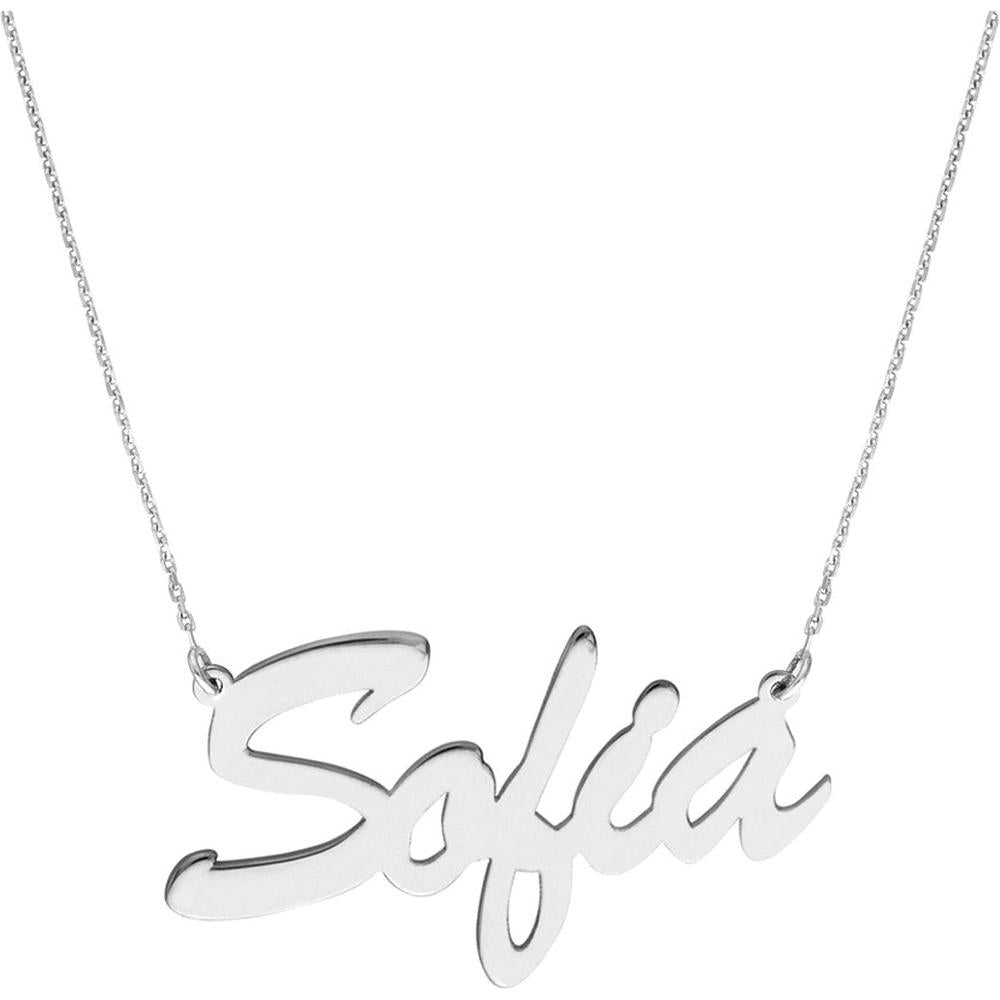 Olas d'Oro - 14K White Gold 7mm Brush Font Nameplate Necklace with Adjustable Chain - Personalized Custom Pendant