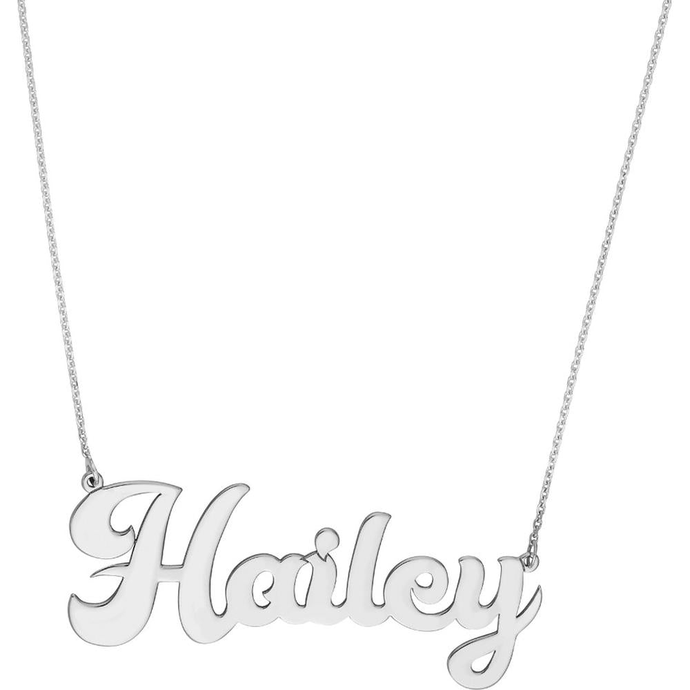 Olas d'Oro - 14K White Gold 7mm Cursive Nameplate Necklace - Adjustable 16-18 inches