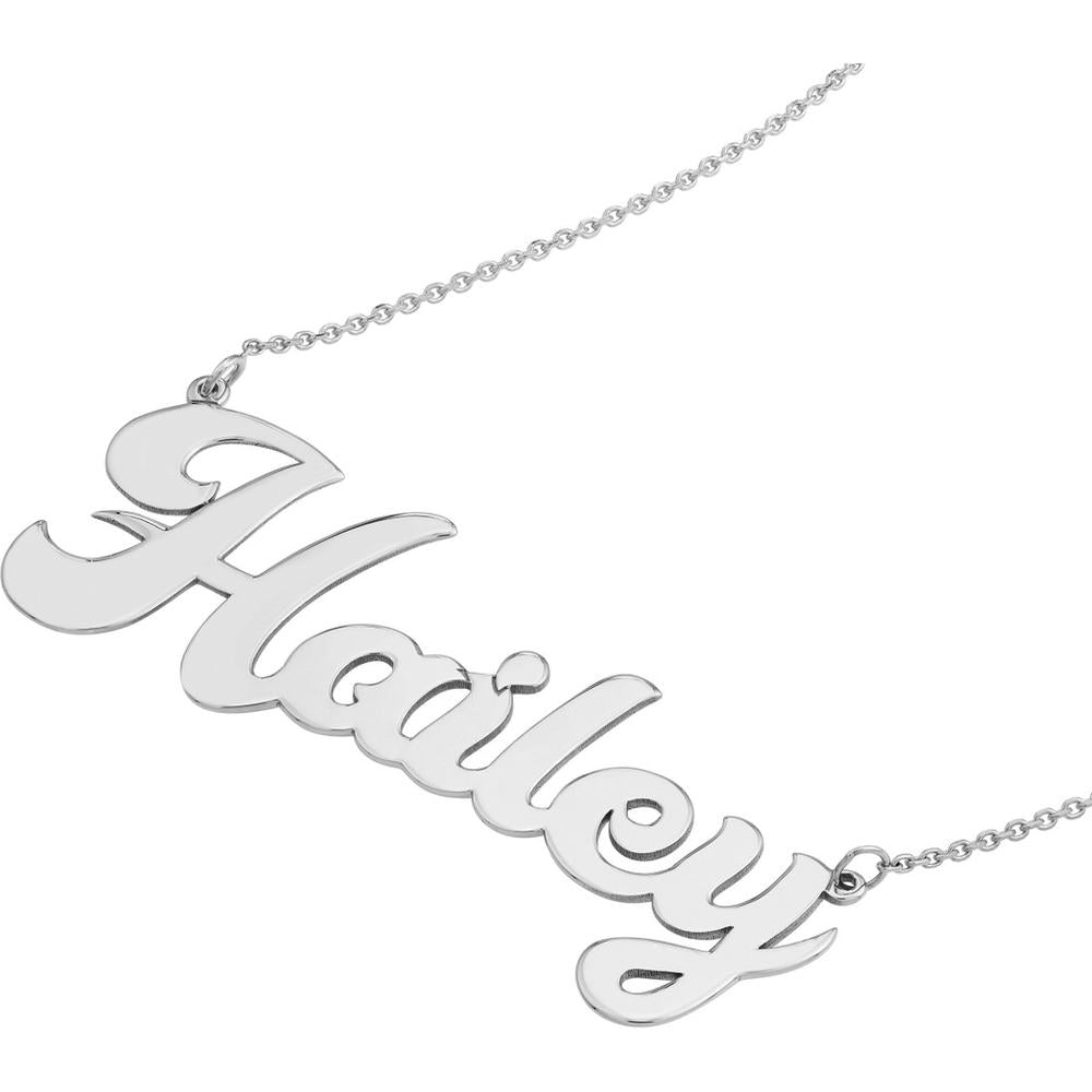 Olas d'Oro - 14K White Gold 7mm Cursive Nameplate Necklace - Adjustable 16-18 inches