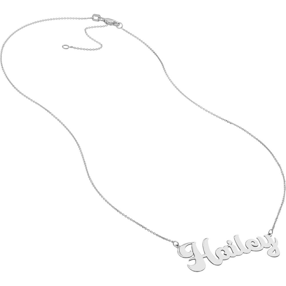 Olas d'Oro - 14K White Gold 7mm Cursive Nameplate Necklace - Adjustable 16-18 inches