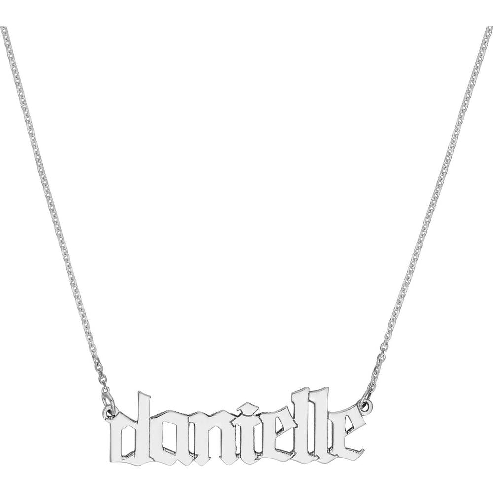 Olas d'Oro - 14K White Gold 7mm Gothic Nameplate Necklace - Customizable Adjustable Length