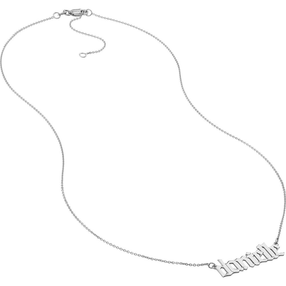 Olas d'Oro - 14K White Gold 7mm Gothic Nameplate Necklace - Customizable Adjustable Length
