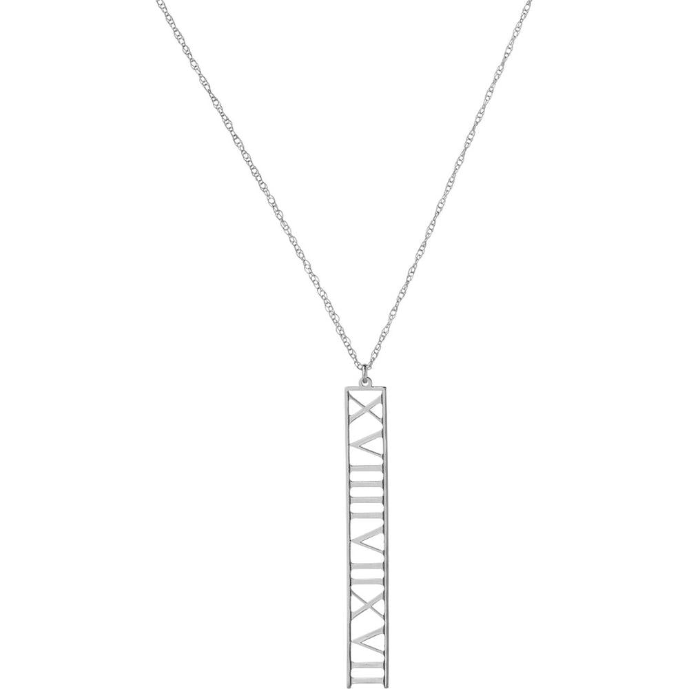 Olas d'Oro - 14K White Gold 7mm Vertical Roman Numeral Pendant Necklace - Fine Jewelry