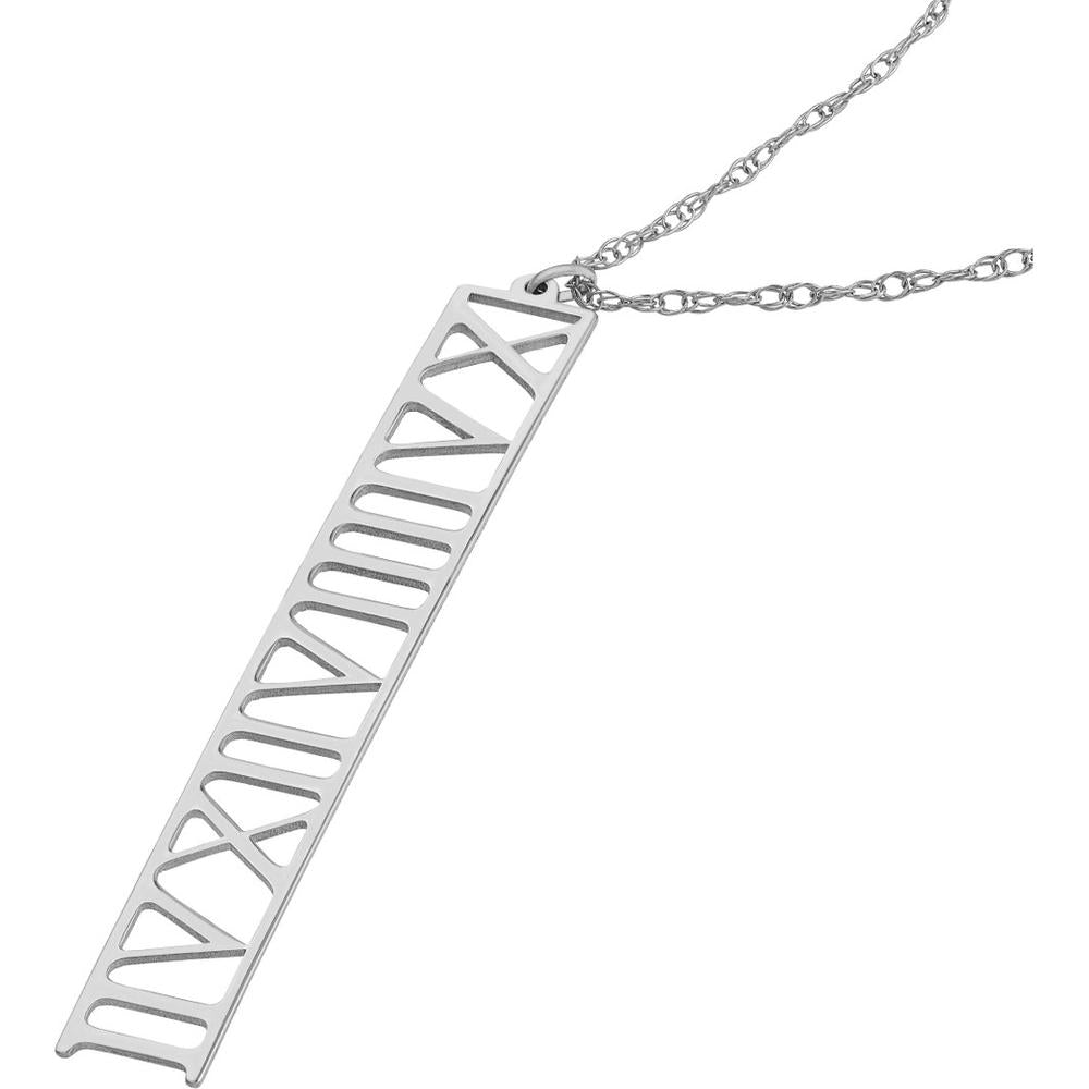 Olas d'Oro - 14K White Gold 7mm Vertical Roman Numeral Pendant Necklace - Fine Jewelry