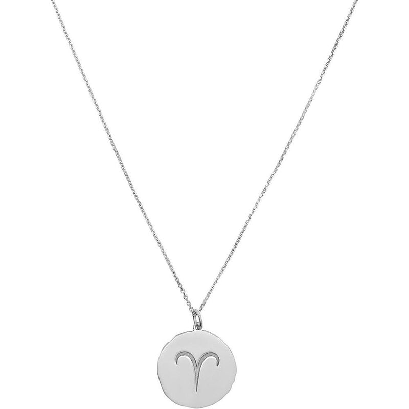Olas d'Oro - 14K White Gold Aries Organic Disc Pendant Necklace with Engraved Ram Symbol - 3.00 Grams