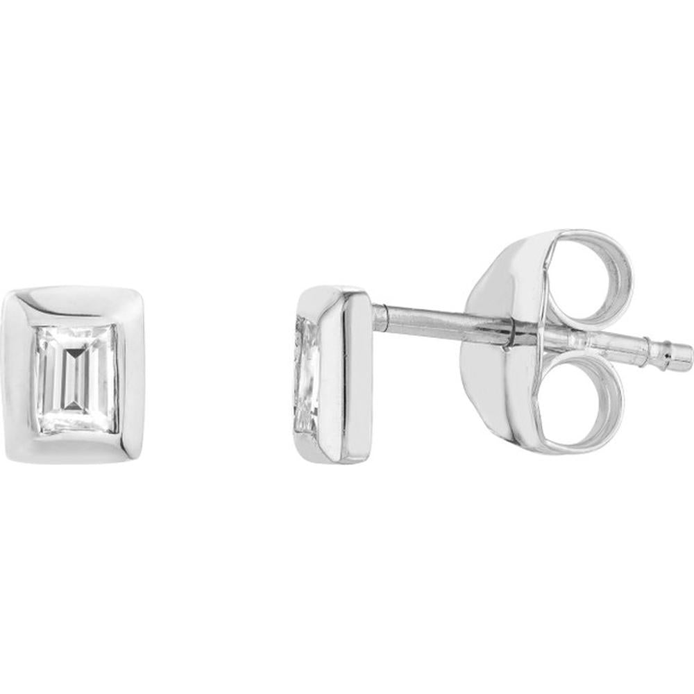 Olas d'Oro - 14K White Gold Baguette Diamond Bezel Stud Earrings - 0.18 Carat Total Diamond Weight