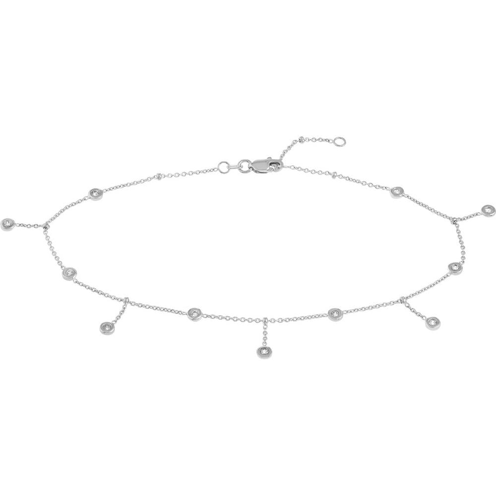 Olas d'Oro - 14K White Gold Bezel Set CZ Drop Adjustable Anklet - 2.78 Grams Total Weight