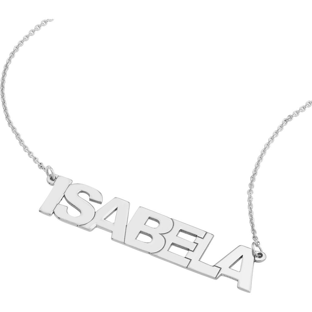 Olas d'Oro - 14K White Gold Block Font Nameplate Necklace - 7mm Height, Lobster Clasp