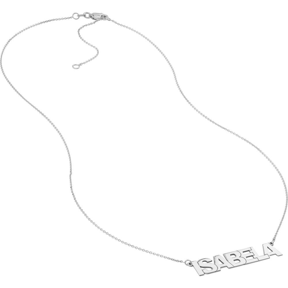 Olas d'Oro - 14K White Gold Block Font Nameplate Necklace - 7mm Height, Lobster Clasp