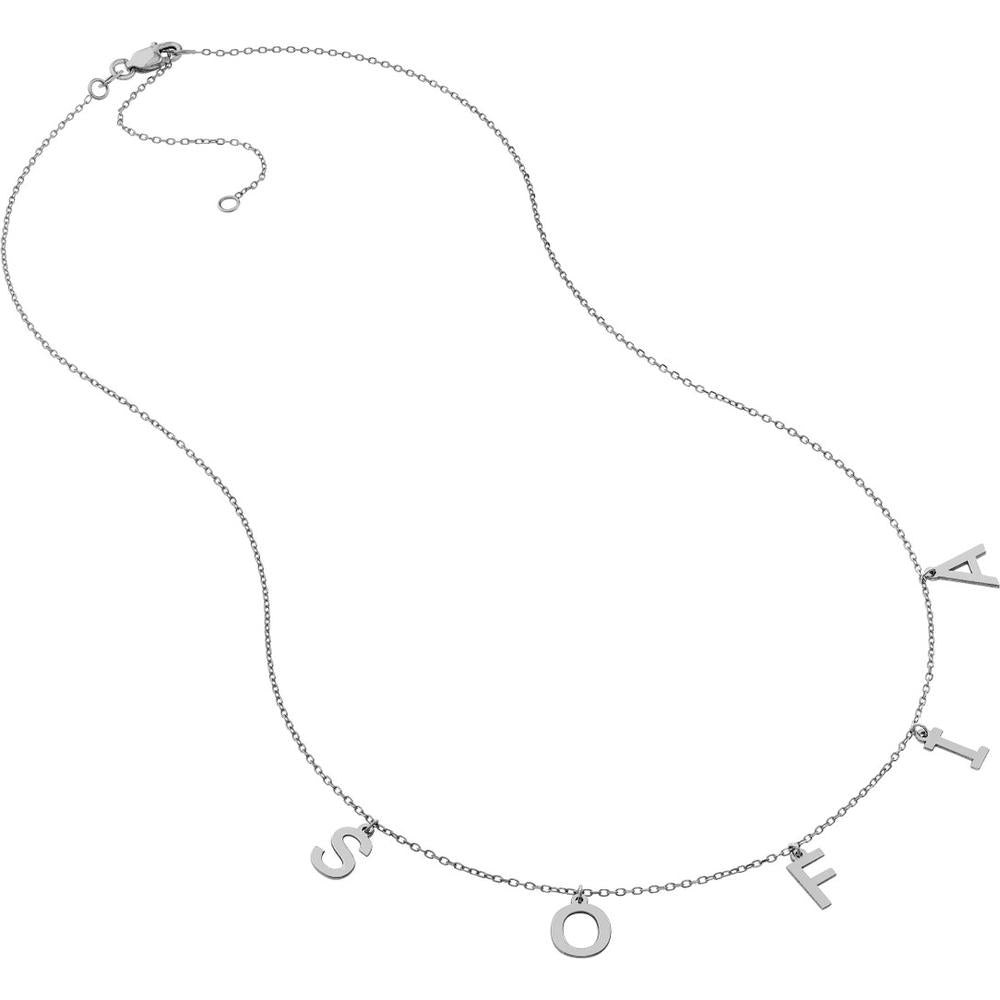 Olas d'Oro - 14K White Gold Block Initials Dangle Station Necklace with Lobster Clasp