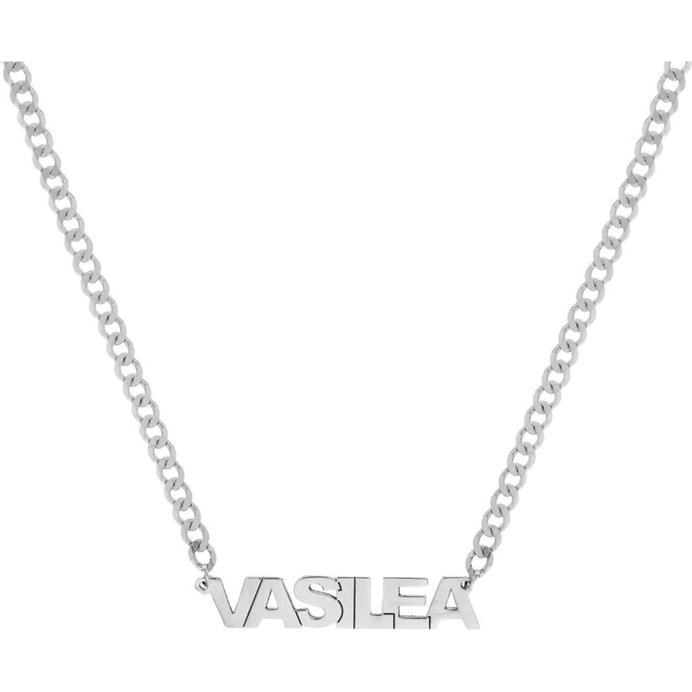 Olas d'Oro - 14K White Gold Block Nameplate Curb Chain Necklace - 5mm Font