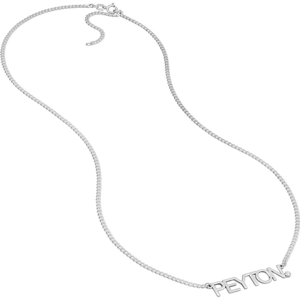 Olas d'Oro - 14K White Gold Block Nameplate Necklace with Bezel-Set Diamond - 0.03 Carat Total Diamond Weight
