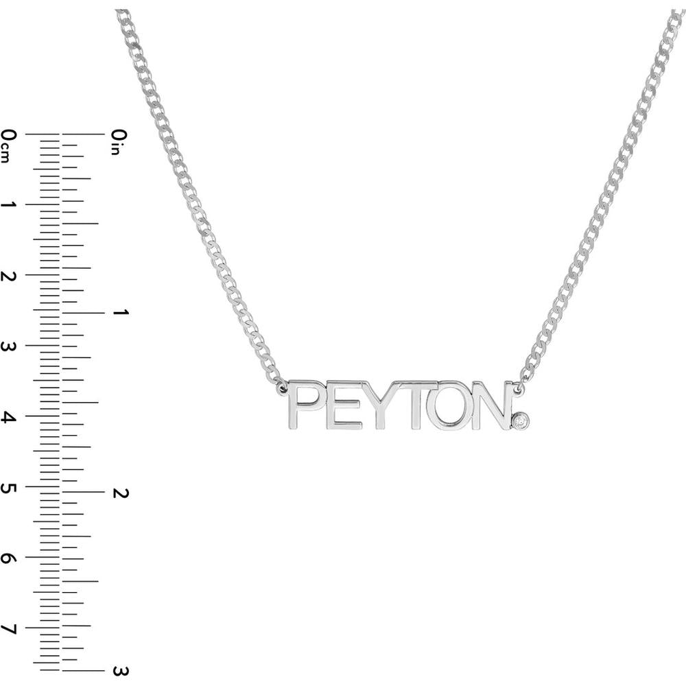 Olas d'Oro - 14K White Gold Block Nameplate Necklace with Bezel-Set Diamond - 0.03 Carat Total Diamond Weight