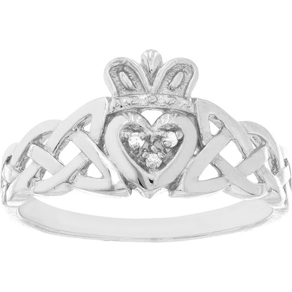 Olas d'Oro - 14K White Gold Braided Claddagh Ring with Diamond Accent - 0.02 Carat Total Diamond Weight
