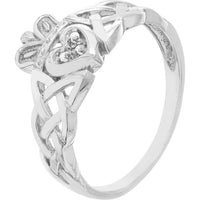 Olas d'Oro - 14K White Gold Braided Claddagh Ring with Diamond Accent - 0.02 Carat Total Diamond Weight