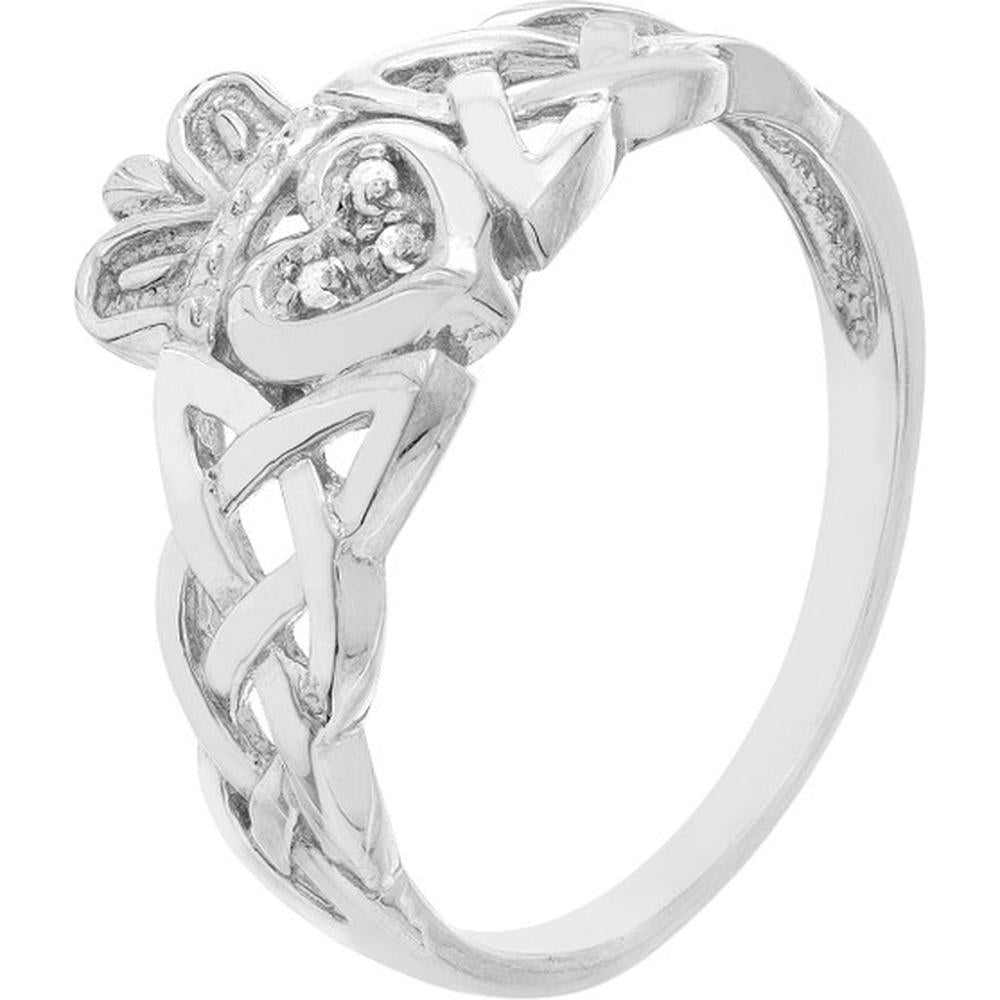 Olas d'Oro - 14K White Gold Braided Claddagh Ring with Diamond Accent - 0.02 Carat Total Diamond Weight