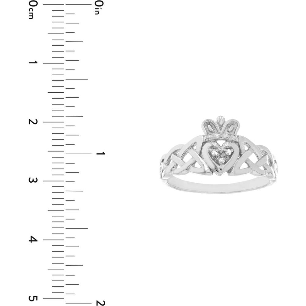 Olas d'Oro - 14K White Gold Braided Claddagh Ring with Diamond Accent - 0.02 Carat Total Diamond Weight