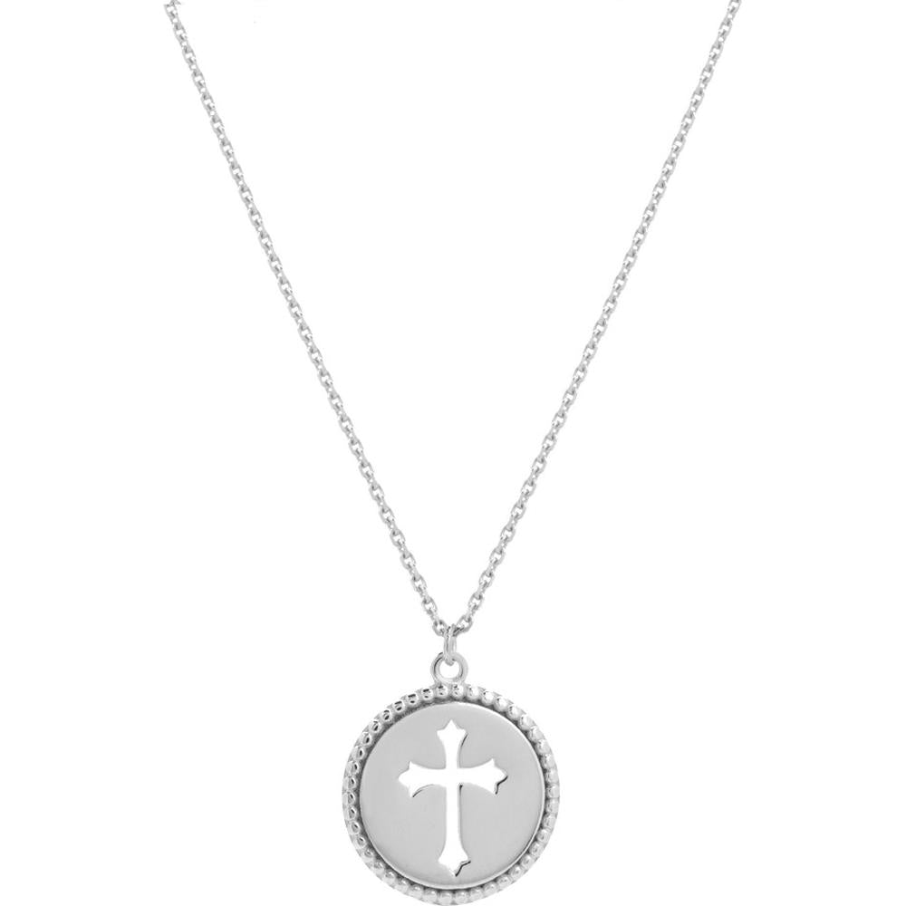 Olas d'Oro - 14K White Gold Cross Cutout Beaded Medallion Necklace - 12mm