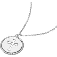 Olas d'Oro - 14K White Gold Cross Cutout Beaded Medallion Necklace - 12mm