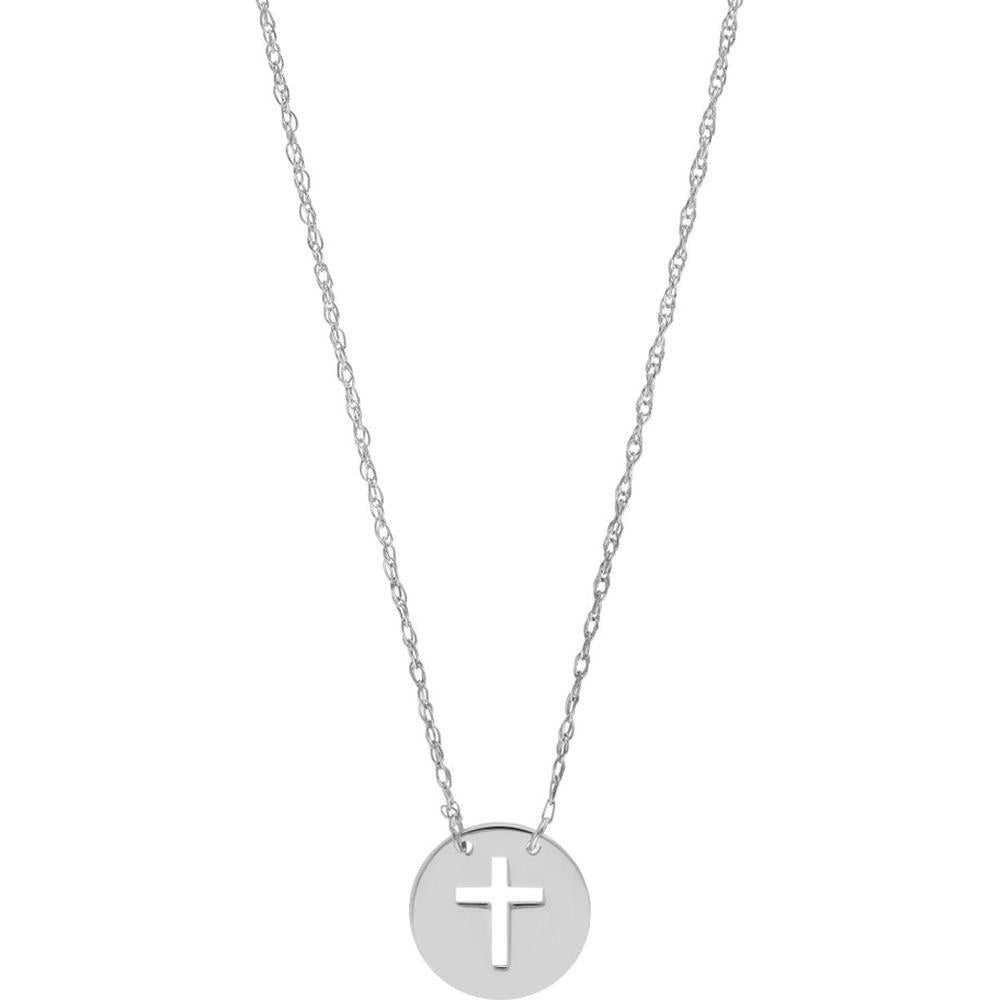 Olas d'Oro - 14K White Gold Cross Cutout Mini Disc Pendant Necklace with Spring Ring Clasp