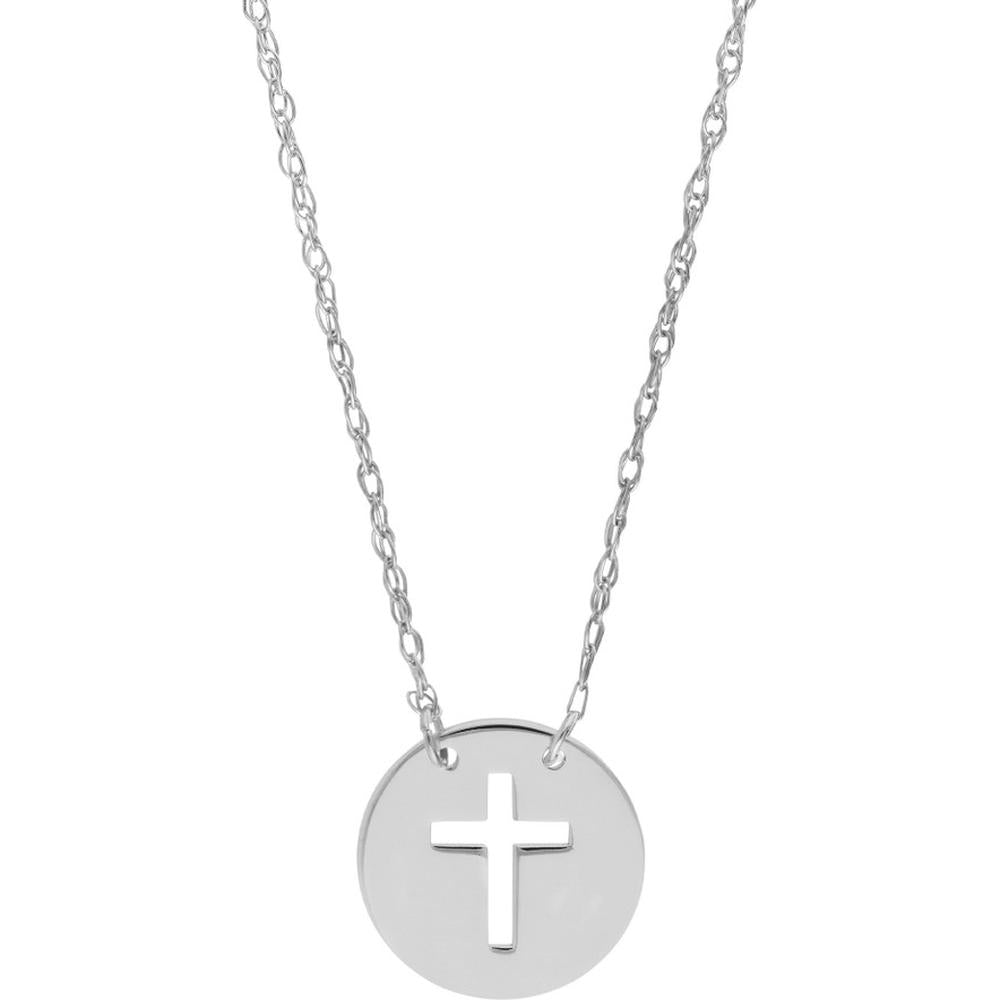 Olas d'Oro - 14K White Gold Cross Cutout Mini Disc Pendant Necklace with Spring Ring Clasp