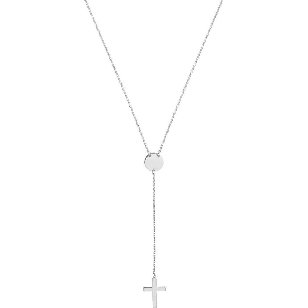 Olas d'Oro - 14K White Gold Cross Lariat Necklace with Disc Pendant - 2.17 Grams