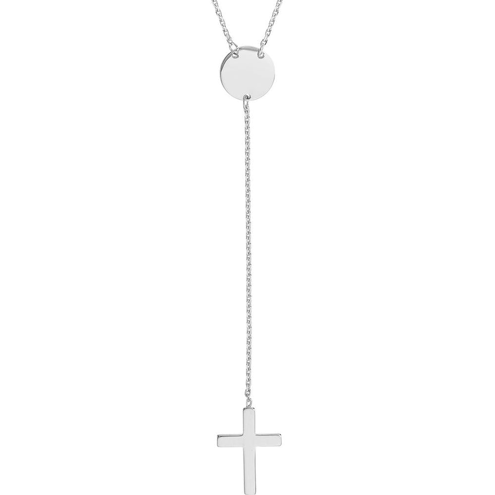 Olas d'Oro - 14K White Gold Cross Lariat Necklace with Disc Pendant - 2.17 Grams