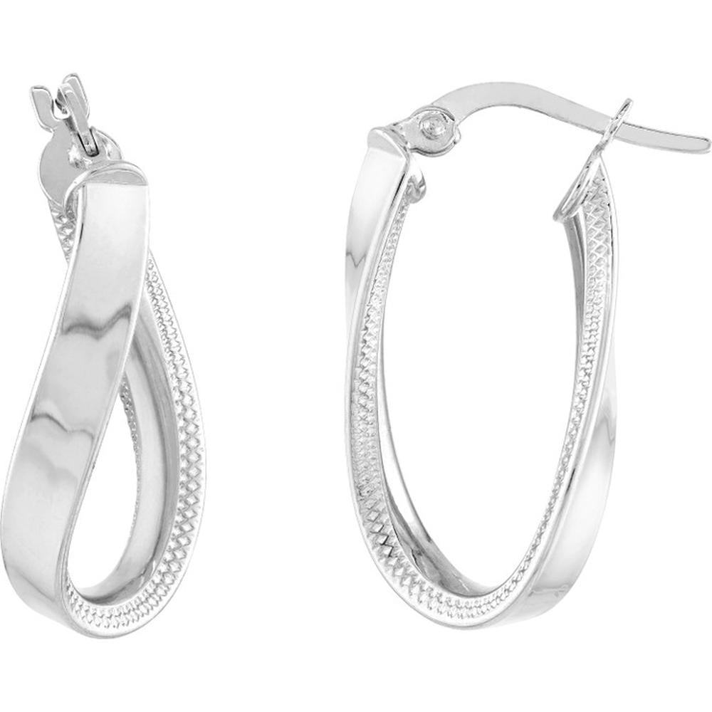 Olas d'Oro - 14K White Gold Curved Oval Hoop Earrings with Textured Inside - 1.90 Grams Total Weight