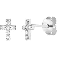 Olas d'Oro - 14K White Gold Diamond Cross Stud Earrings - 1/8 Total Carat Weight