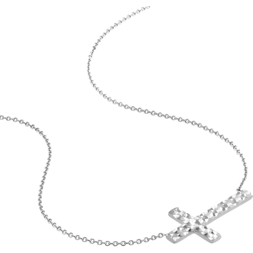 Olas d'Oro - 14K White Gold Diamond-Cut Sideways Cross Adjustable Necklace 2.30 Grams Total Weight