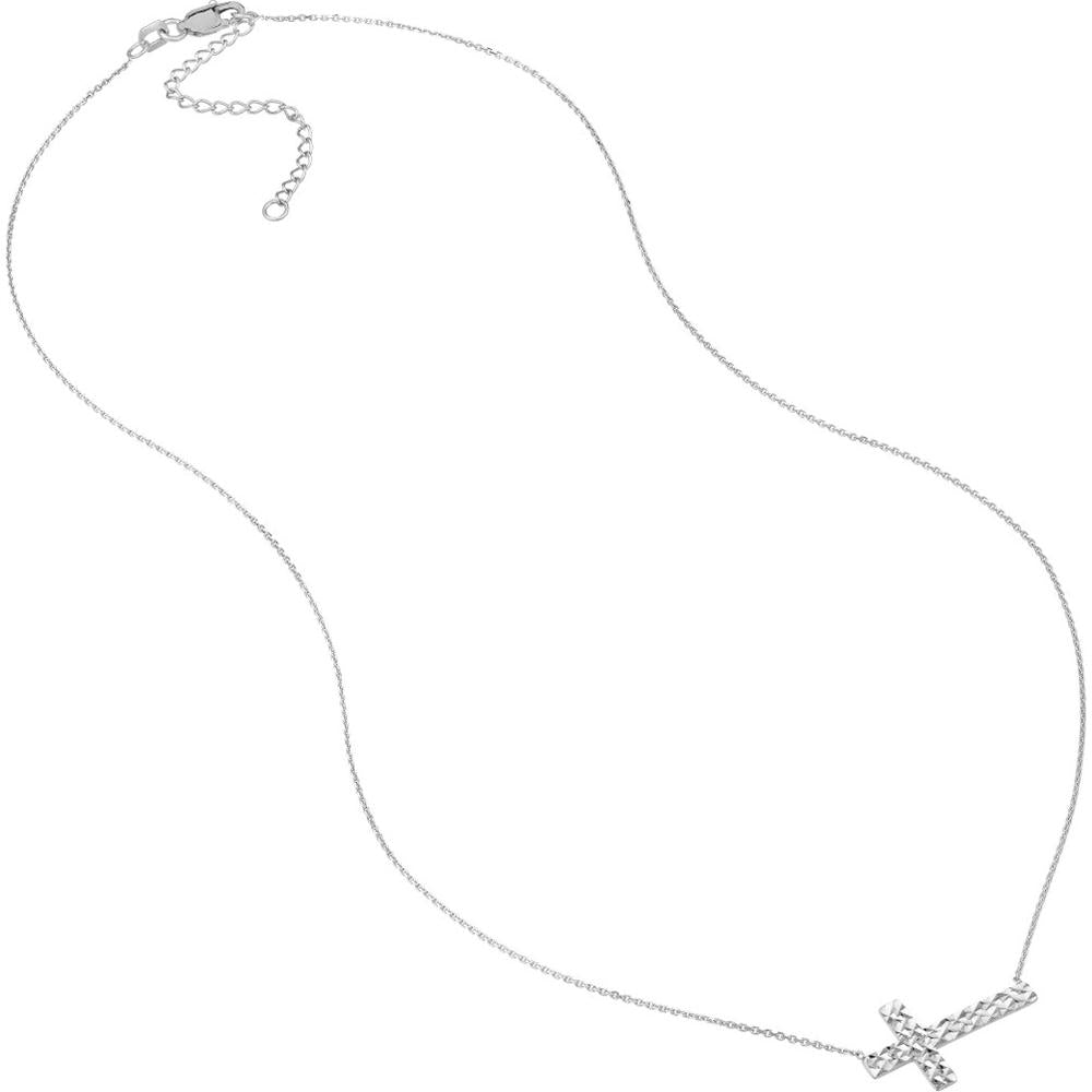 Olas d'Oro - 14K White Gold Diamond-Cut Sideways Cross Adjustable Necklace 2.30 Grams Total Weight