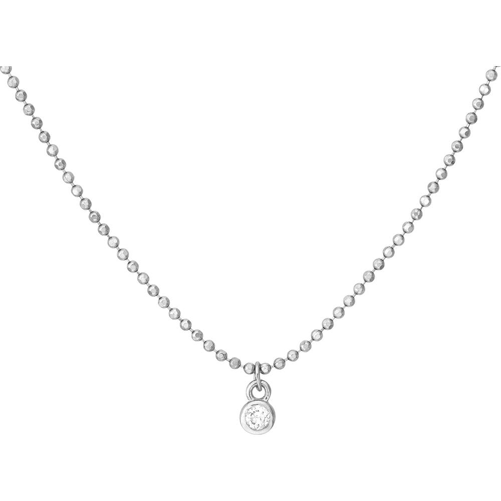 Olas d'Oro - 14K White Gold Diamond Drop Necklace with Bezel-Set Diamonds on Diamond-Cut Bead Chain - 0.06 Carat Total Diamond Weight