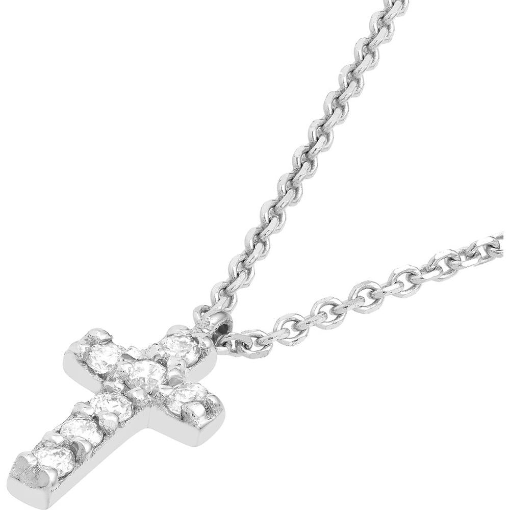 Olas d'Oro - 14K White Gold Diamond Mini Cross Adjustable Necklace - 0.06 Carat Total Diamond Weight