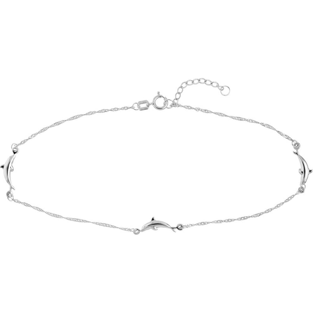Olas d'Oro - 14K White Gold Dolphin Trio Adjustable Anklet with Singapore Twist Chain