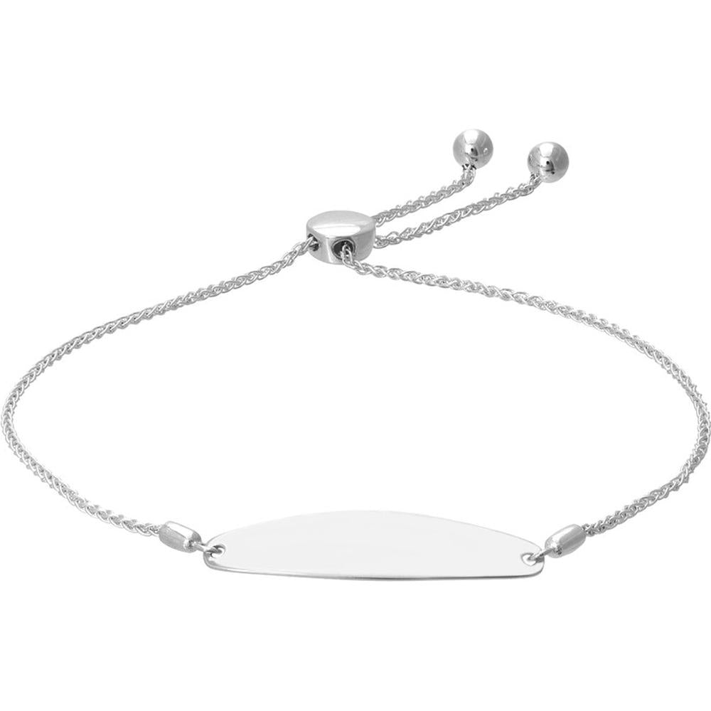 Olas d'Oro - 14K White Gold Engravable Initial ID Bar Bolo Bracelet with Adjustable Closure - 3.92 Grams Weight