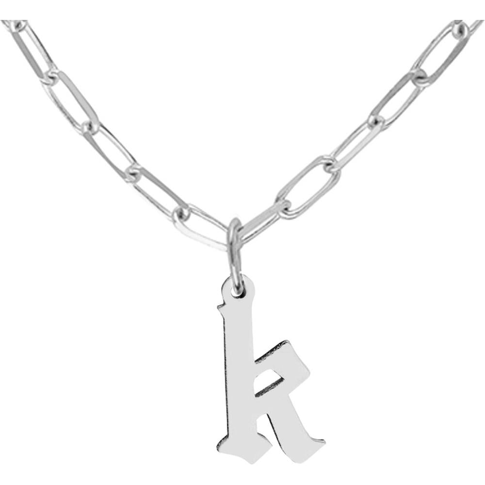 Olas d'Oro - 14K White Gold Gothic Initial Paper Clip Necklace - Adjustable 16-18 Inches