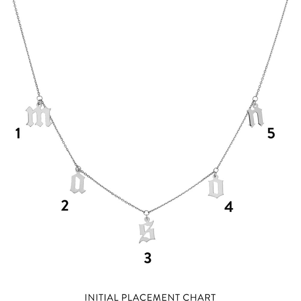 Olas d'Oro - 14K White Gold Gothic Initials Dangle Station Necklace - Customizable Design with 7mm High Letters