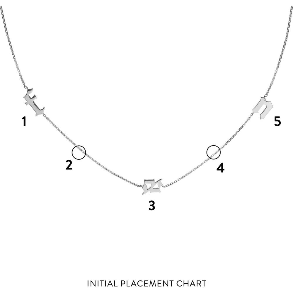 Olas d'Oro - 14K White Gold Gothic Initials Station Necklace with Adjustable Chain - 1.50g Total Weight