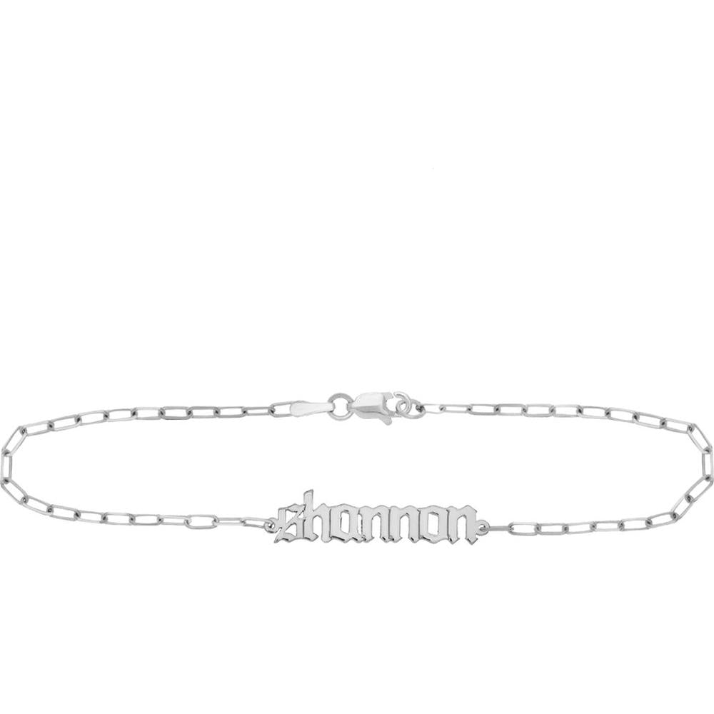 Olas d'Oro - 14K White Gold Gothic Nameplate Paper Clip Bracelet with Lobster Clasp - 2.00g Total Weight